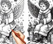 Coloriage Deux gar&ccedil;ons anges de Noel avec crayon de couleurs