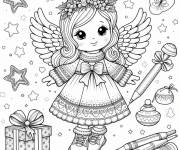Coloriage Fille comme ange de Noel avec crayons et couronne