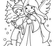 Coloriage Fille et gar&ccedil;on anges de Noel avec sapin