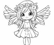 Coloriage Fille Kawaii en ange de Noel avec couronne de fleurs