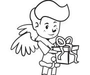 Coloriage Gar&ccedil;on mignon en ange de No&euml;l avec un cadeau