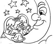 Coloriage Gar&ccedil;on mignon s'amusant avec le croissant de la lune la nuit de N