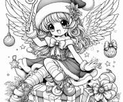 Coloriage Heureux ange de noel portant le bonnet de pere noel