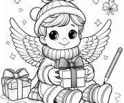 Coloriage Petit ange de Noel avec crayon et cadeaux du pere Noel
