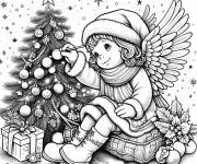 Coloriage Petit ange de Noel d&eacute;core un joli sapin de Noel