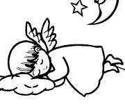 Coloriage Petit ange de Noel en dormant sur une nuage sur la lune