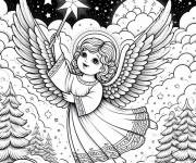 Coloriage Petit ange de noel volant parmi les nuage la nuit &eacute;toil&eacute;e
