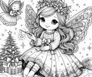 Coloriage Tout petit ange de noel volant sur une fille avec des ailes de pa