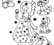 Coloriage Trois anges de Noel avec &eacute;toiles et lune