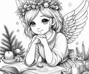 Coloriage Une belle ange portant une couronne de Noel lisant un livre