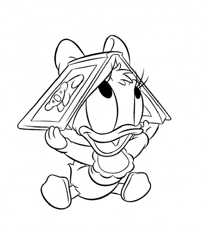 Coloriage et dessins gratuits Daisy Duck porte un livre sur sa tête à imprimer