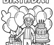 Coloriage Blippi avec plein de cadeaux d'anniversaire et un g&acirc;teau