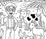 Coloriage Blippi dans la compagne avec les animaux de la ferme