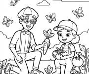 Coloriage Blippi et Meekah dans le champ r&eacute;coltent des l&eacute;gumes