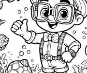 Coloriage Blippi mignon parmi les poissons