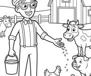 Coloriage Blippi nourrit les animaux de la ferme