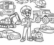 Coloriage Blippi parmi les v&eacute;hicule