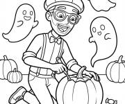 Coloriage Blippi sculpte la citrouille de Halloween