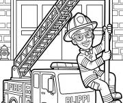 Coloriage Blippi sur le poteau de camion de pompier