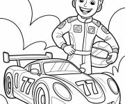 Coloriage Chauffeur souriant devant sa voiture rapide de course
