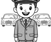 Coloriage Chauffeur sourit devant les voitures