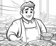 Coloriage Chef joyeux parmi les plats