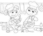 Coloriage Fr&egrave;re et s&oelig;ur cuisinent