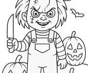 Coloriage Chucky avec des citrouilles et des chauves souris