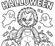 Coloriage Chucky avec des citrouilles et des fant&ocirc;mes pour Halloween