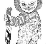 Coloriage Chucky debout avec son couteau au sang