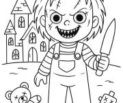Coloriage Chucky devant la maison hant&eacute;e