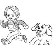 Coloriage Chucky en courant avec son chien