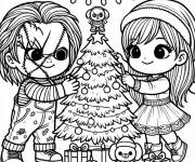 Coloriage Chucky et Tiffany d&eacute;corent le sapin de noel