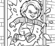 Coloriage Chucky saute &agrave; travers une fen&ecirc;tre bris&eacute;e
