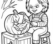 Coloriage Chucky sculpte une citrouille de Halloween