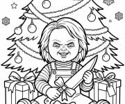 Coloriage Poup&eacute;e Chucky pr&egrave;s du sapin de No&euml;l