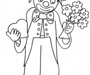 Coloriage Un clown avec un bouquet de fleurs et un coeur dans ses mains