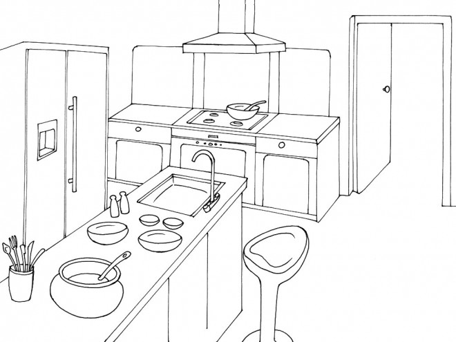 Coloriage Cuisine En Perspective Dessin Gratuit à Imprimer