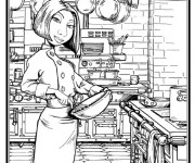 Coloriage Cuisini&egrave;re dans la cuisine du restaurant