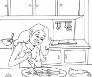 Coloriage Fille pr&eacute;pare un g&acirc;teau