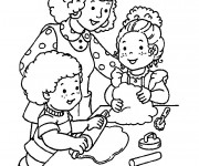 Coloriage Maman et ses enfants préparent la tarte