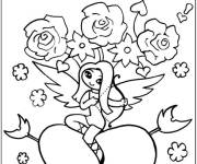 Coloriage Ange fille d'amour sur c&oelig;ur avec fleurs