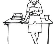 Coloriage Enseignante pr&egrave;s de sa table