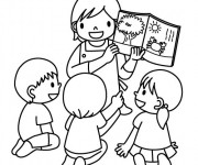 Coloriage Une enseignante montre un livre d'images aux élèves