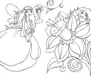 Coloriage et dessins gratuit Deux f&eacute;es pr&egrave;s d'une fleur à imprimer