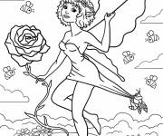 Coloriage F&eacute;e parmi les fleurs et les abeilles