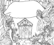 Coloriage Les belles f&eacute;es devant de la maison aux champignons