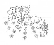 Coloriage Fermier et ses animaux dans le champs