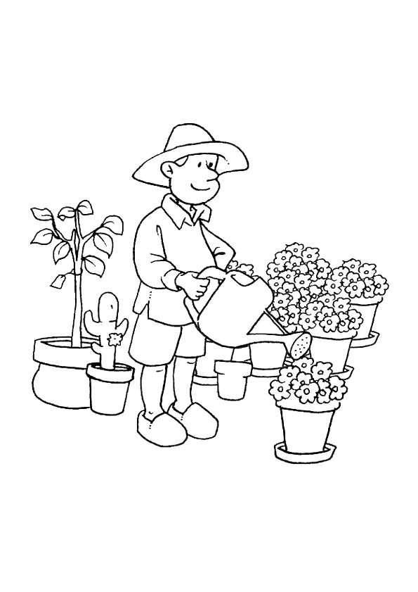 Coloriage Jardinier Arrose Les Fleurs Dessin Gratuit à Imprimer