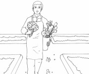 Coloriage Jardinier porte des fleurs